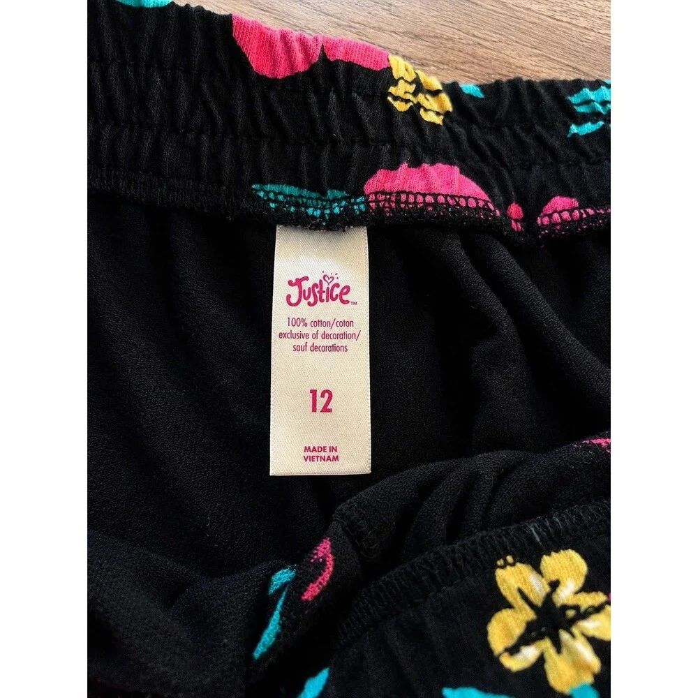 Justice Girls Floral Pull-On Shorts Size 12 Cotton Elastic Waist Black